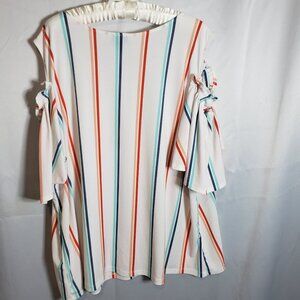 Worthington Cold Shoulder Top 3x white with colored stripes